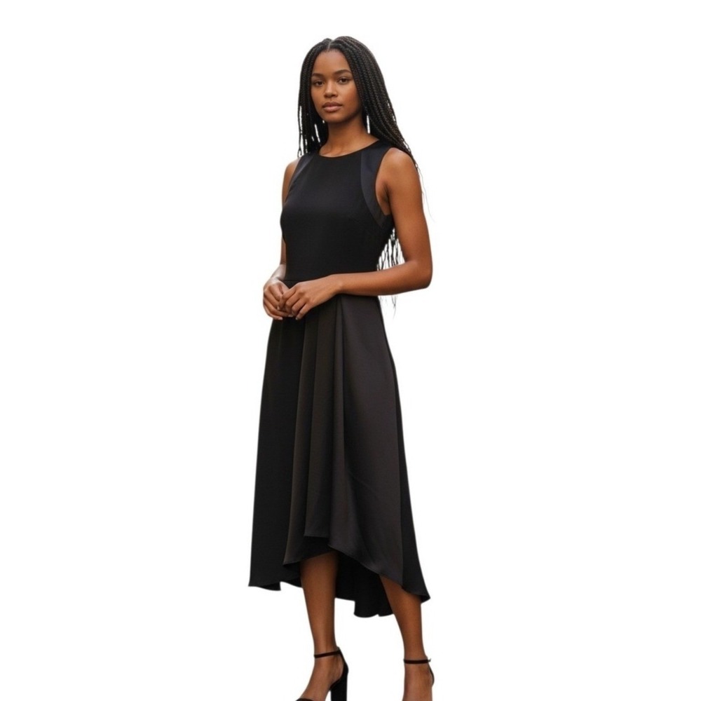 Banana Republic Black Mixed Media Midi Dress Sleeveless V-Back Womens Size 8
